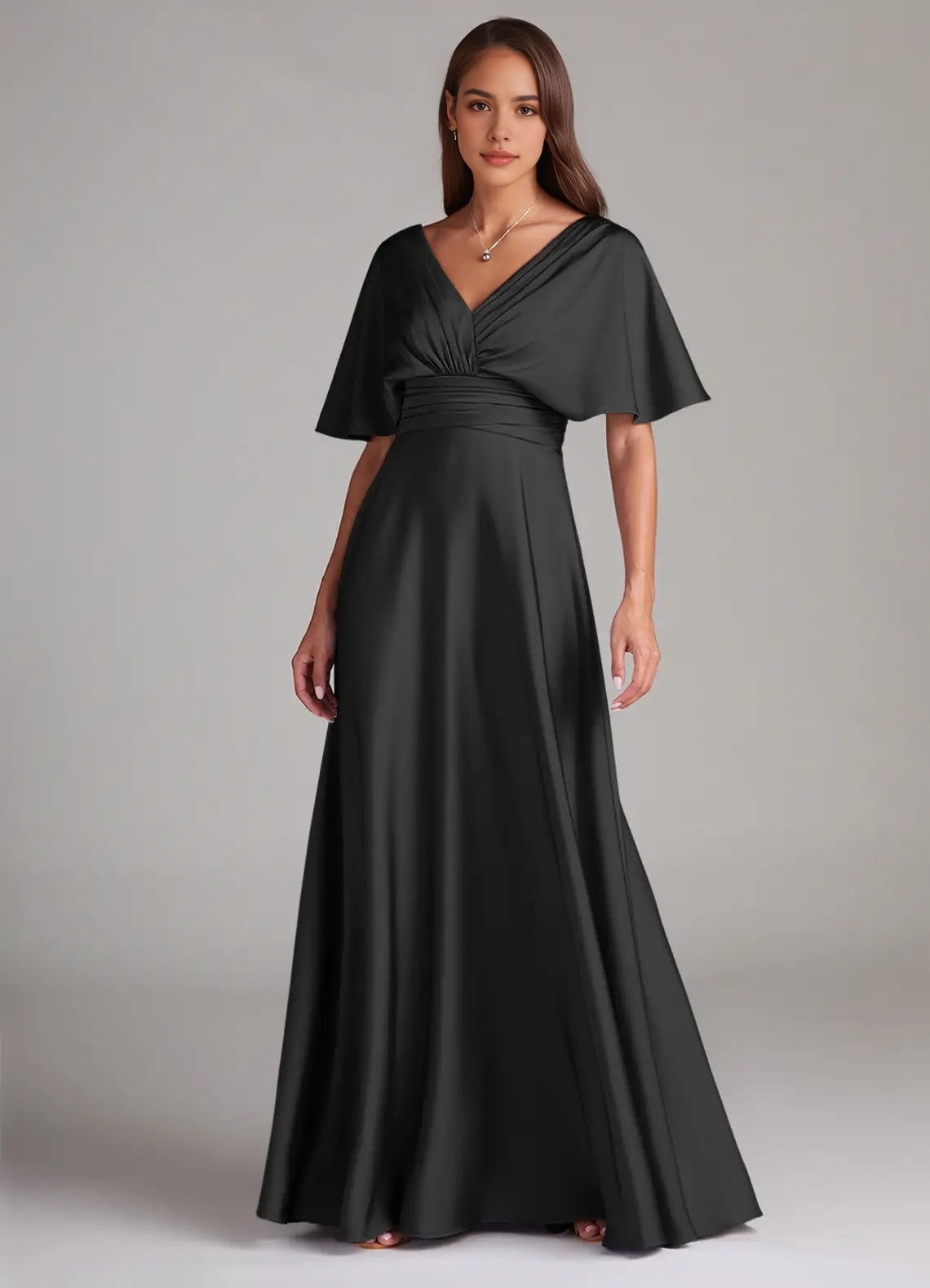 Black Satin V-Neck Maxi Dress with Flutter Sleeves A-Line Pleated Stretch Satin Dress Bridesmaid Dresses