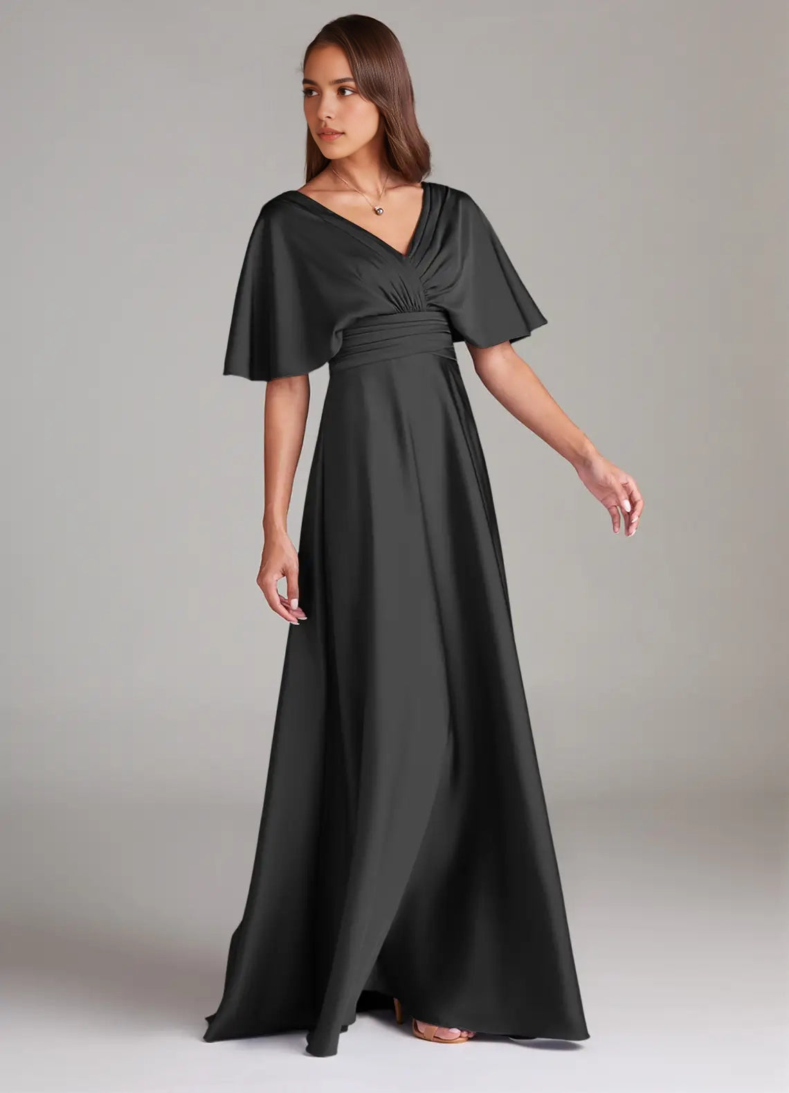 Black Satin V-Neck Maxi Dress with Flutter Sleeves A-Line Pleated Stretch Satin Dress Bridesmaid Dresses