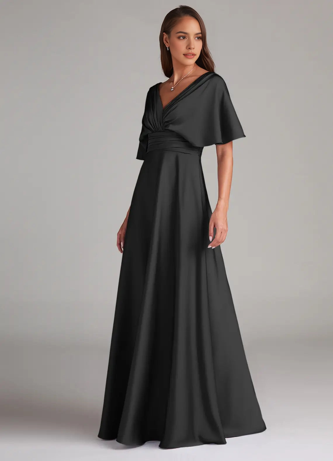 Black Satin V-Neck Maxi Dress with Flutter Sleeves A-Line Pleated Stretch Satin Dress Bridesmaid Dresses