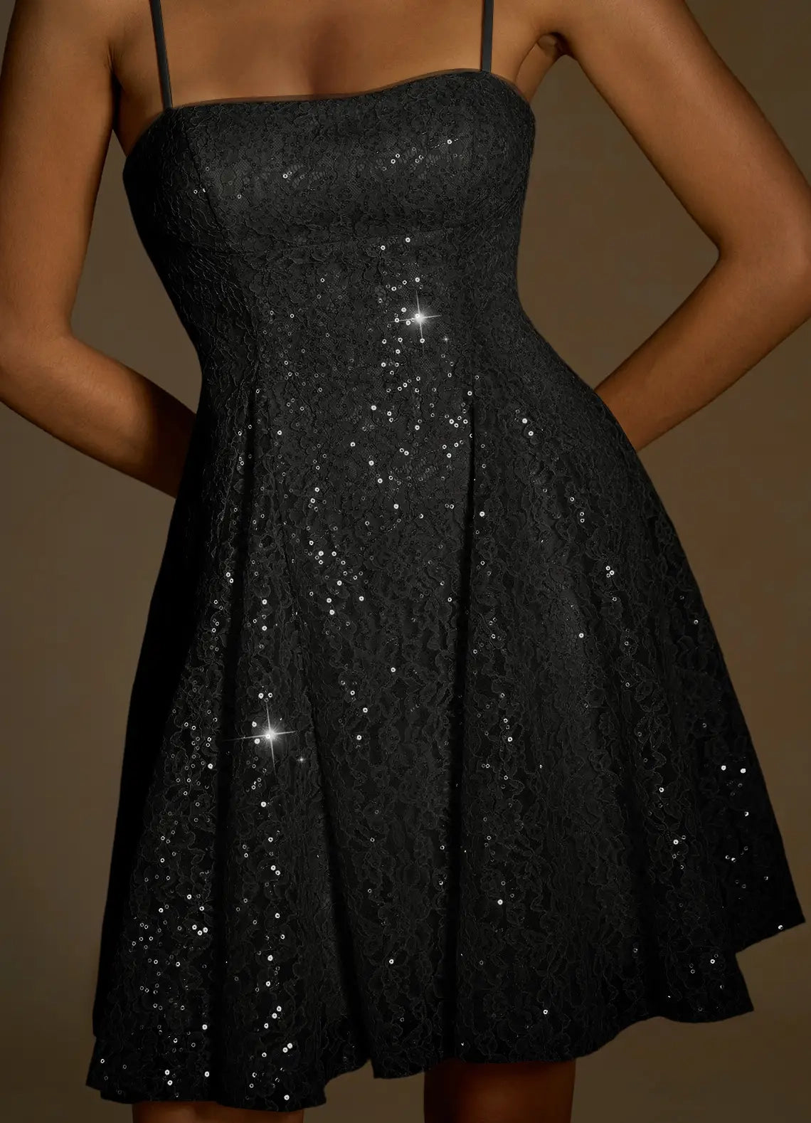Black Sequin Lace Mini Dress with Criss - Cross Back Xenia Black Sequin Mini Dress Homecoming Dresses