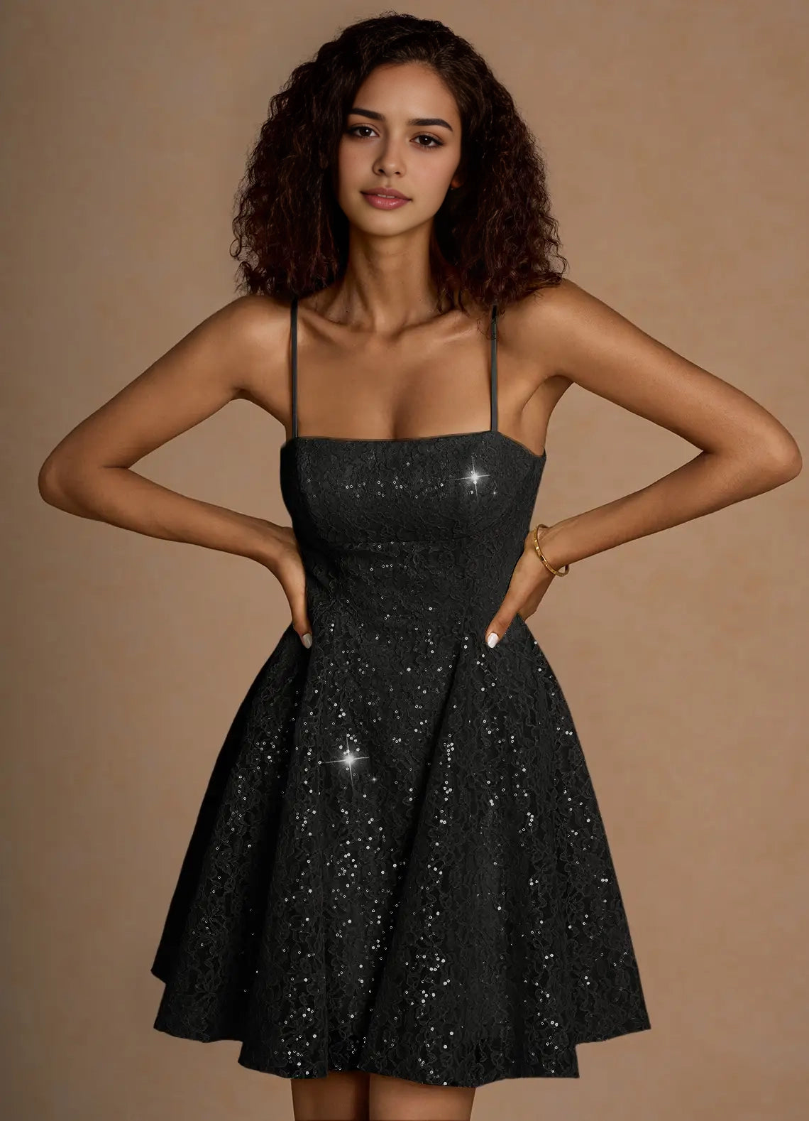 Black Sequin Lace Mini Dress with Criss - Cross Back Xenia Black Sequin Mini Dress Homecoming Dresses