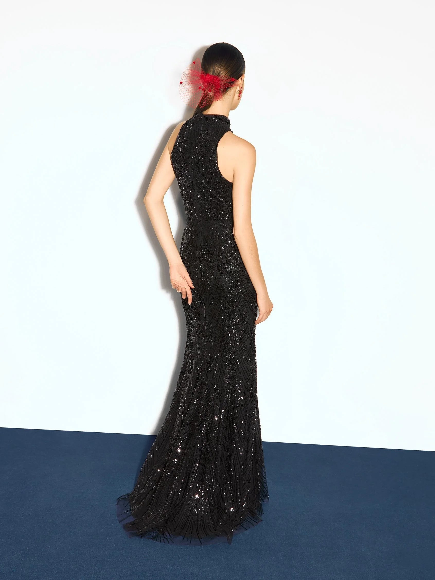 Black Sequined High Neck Maxi Dress Halter beaded party dress