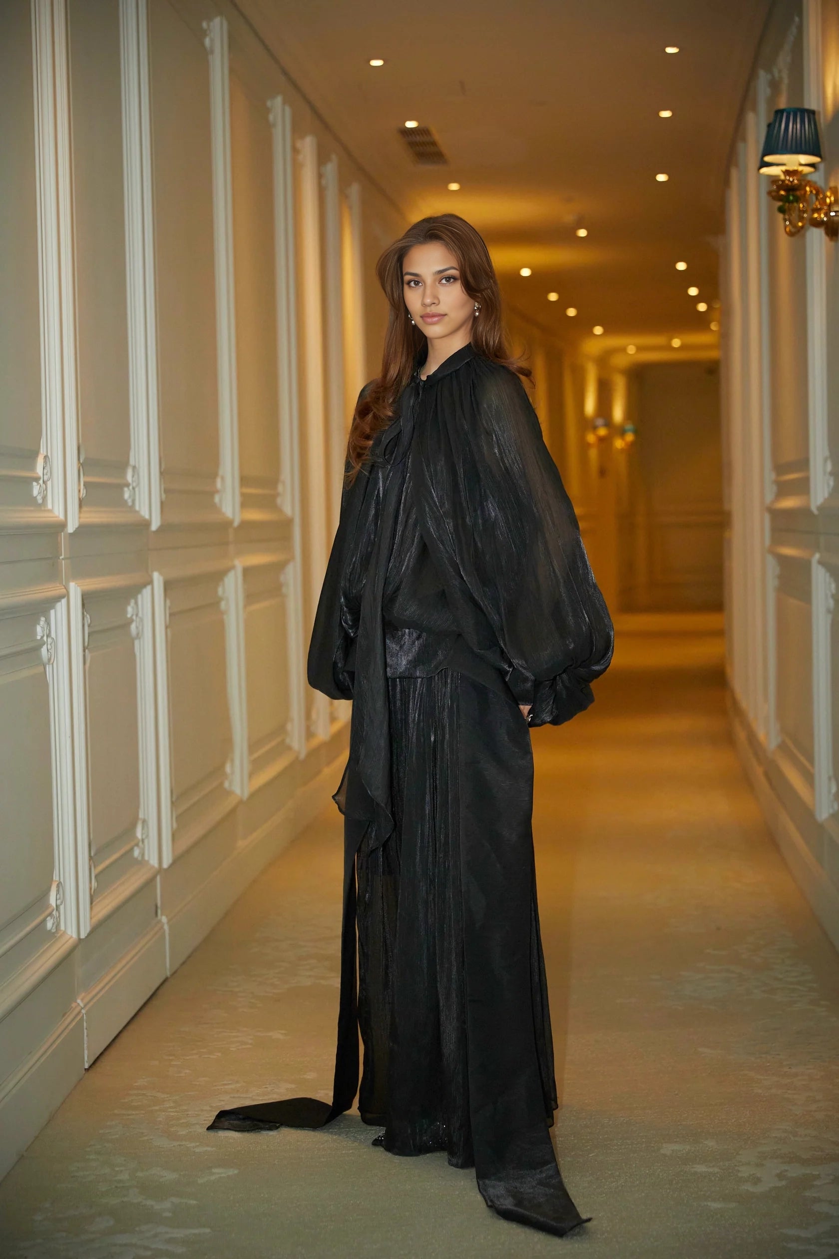 Black Sheer Draped High - Neck Maxi Dress Mila pleated satin maxi dress in Black Evening Dress