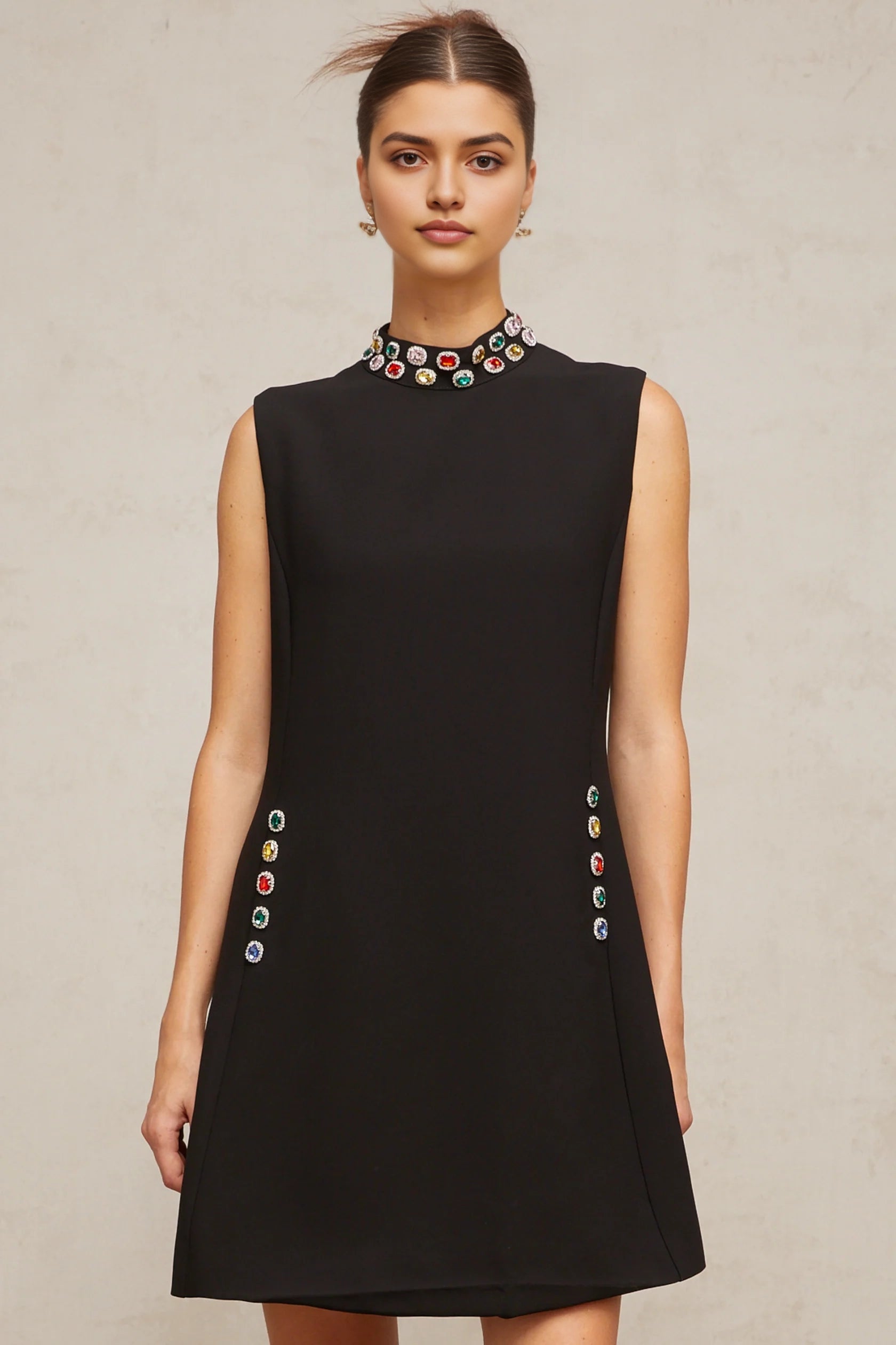 Black Sleeveless Mini Dress with Colorful Jewel Detailing Xanthe crystal-embellished sleeveless mini dress