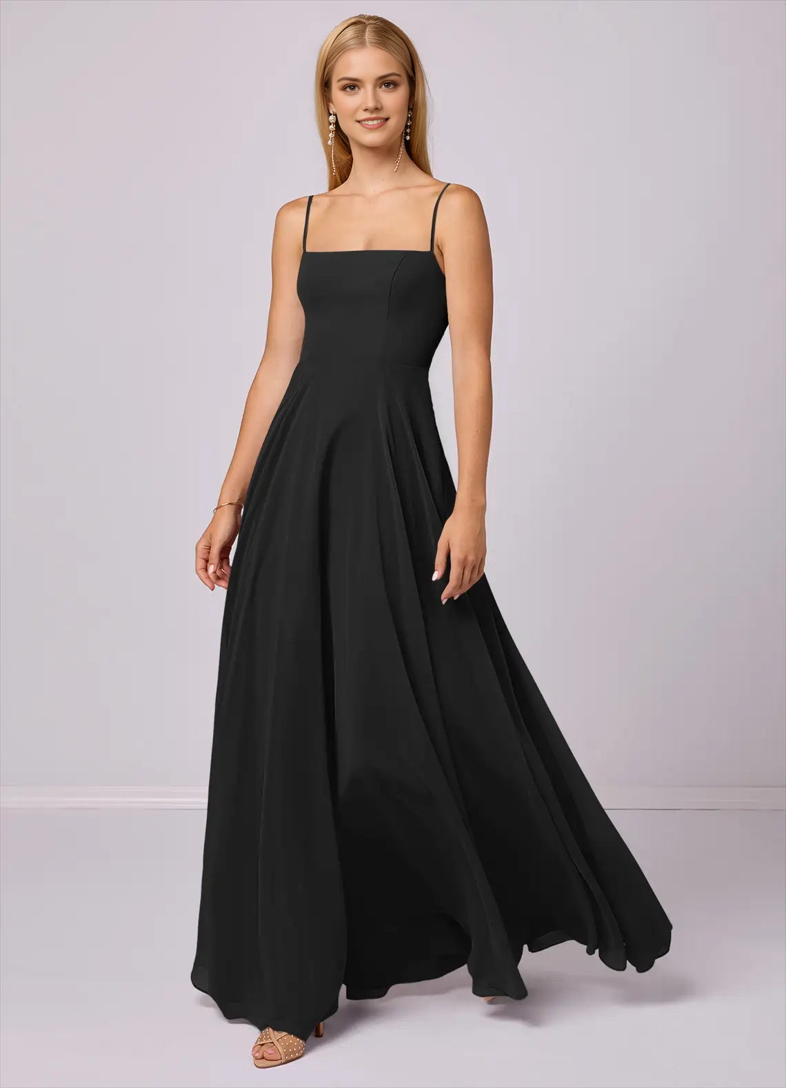 Black Spaghetti Strap Backless Evening Gown A-Line Chiffon Dress black Bridesmaid Dresses