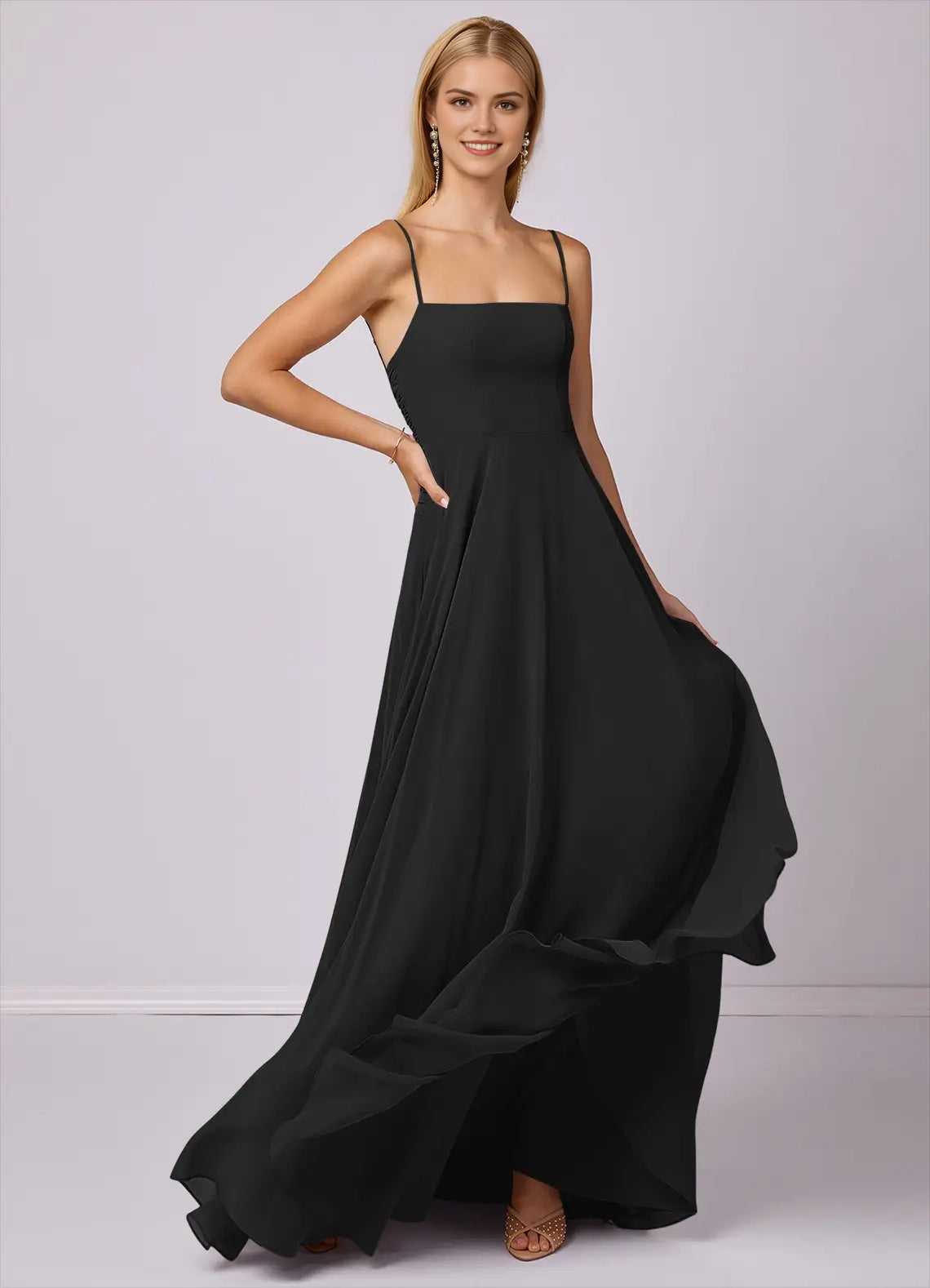 Black Spaghetti Strap Backless Evening Gown A-Line Chiffon Dress black Bridesmaid Dresses