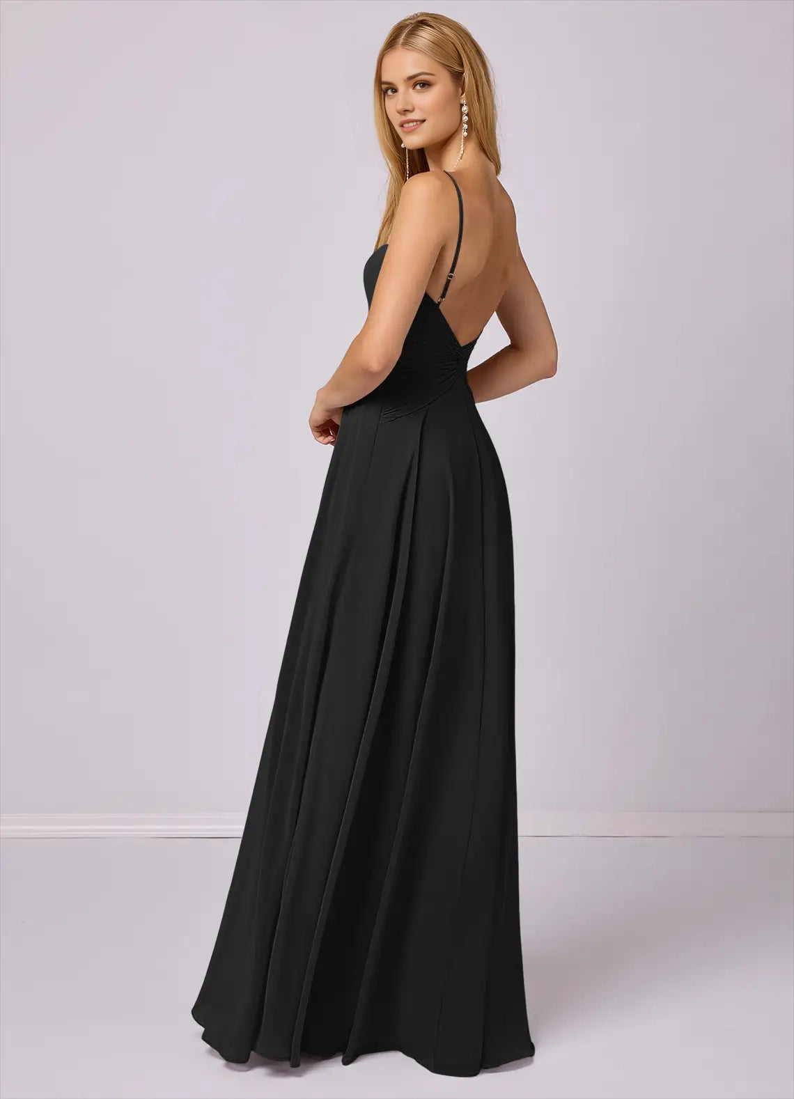 Black Spaghetti Strap Backless Evening Gown A-Line Chiffon Dress black Bridesmaid Dresses