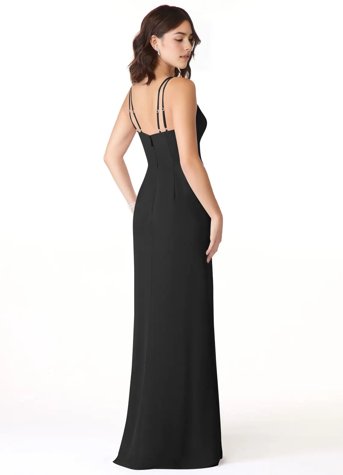 Black Spaghetti Strap Maxi Dress with Side Slit Mermaid V-Neck Pleated Chiffon Dress Bridesmaid Dresses