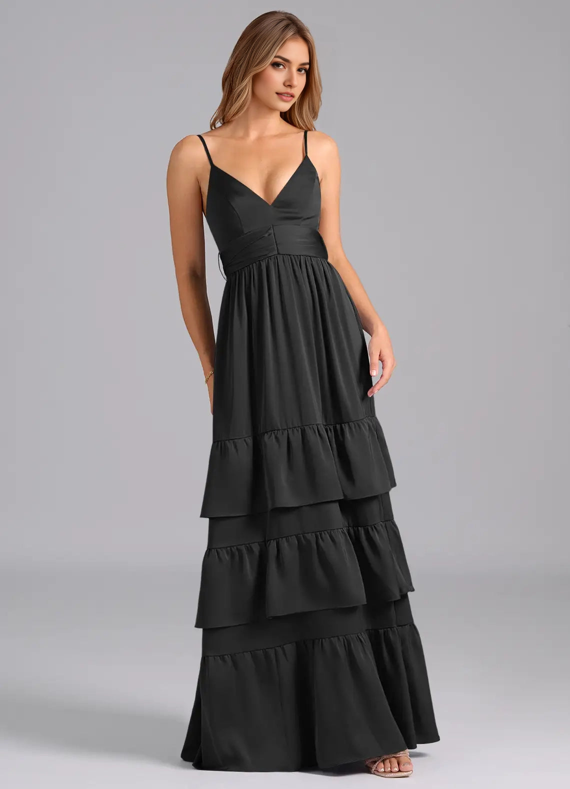 Black Spaghetti Strap Tiered Maxi Dress with Back Bow Black A-Line Pleated Stretch Satin Dress Bridesmaid Dresses