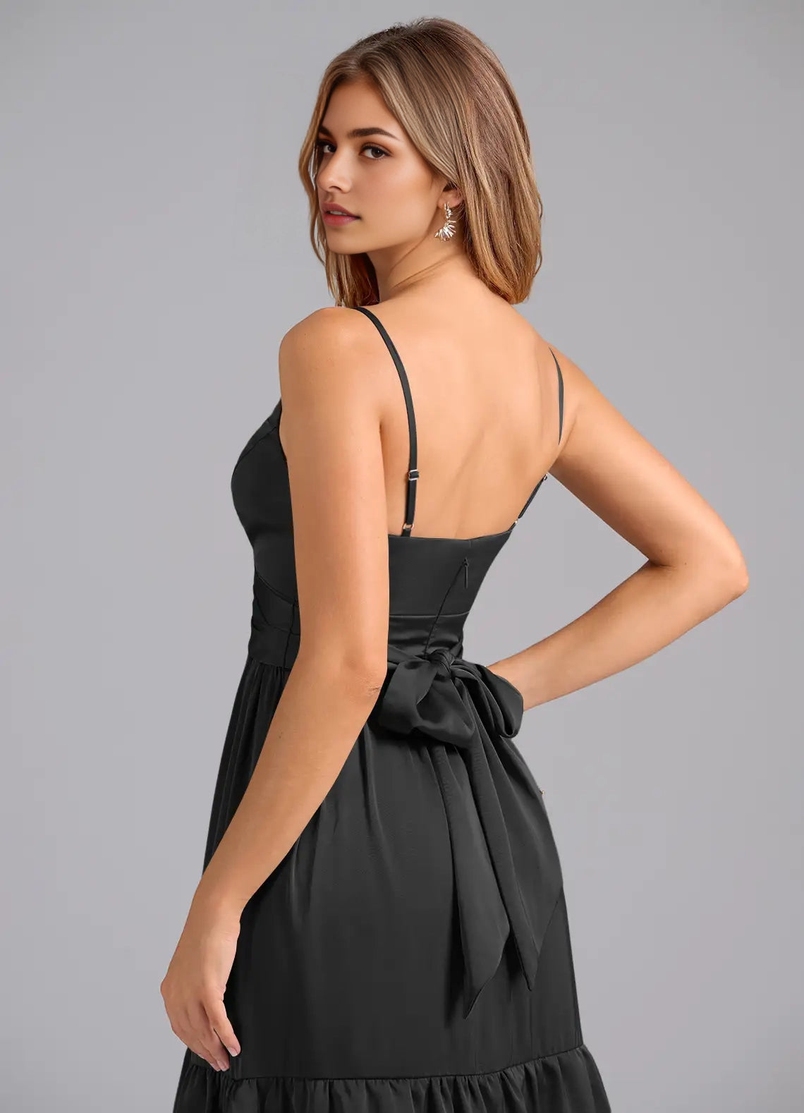 Black Spaghetti Strap Tiered Maxi Dress with Back Bow Black A-Line Pleated Stretch Satin Dress Bridesmaid Dresses