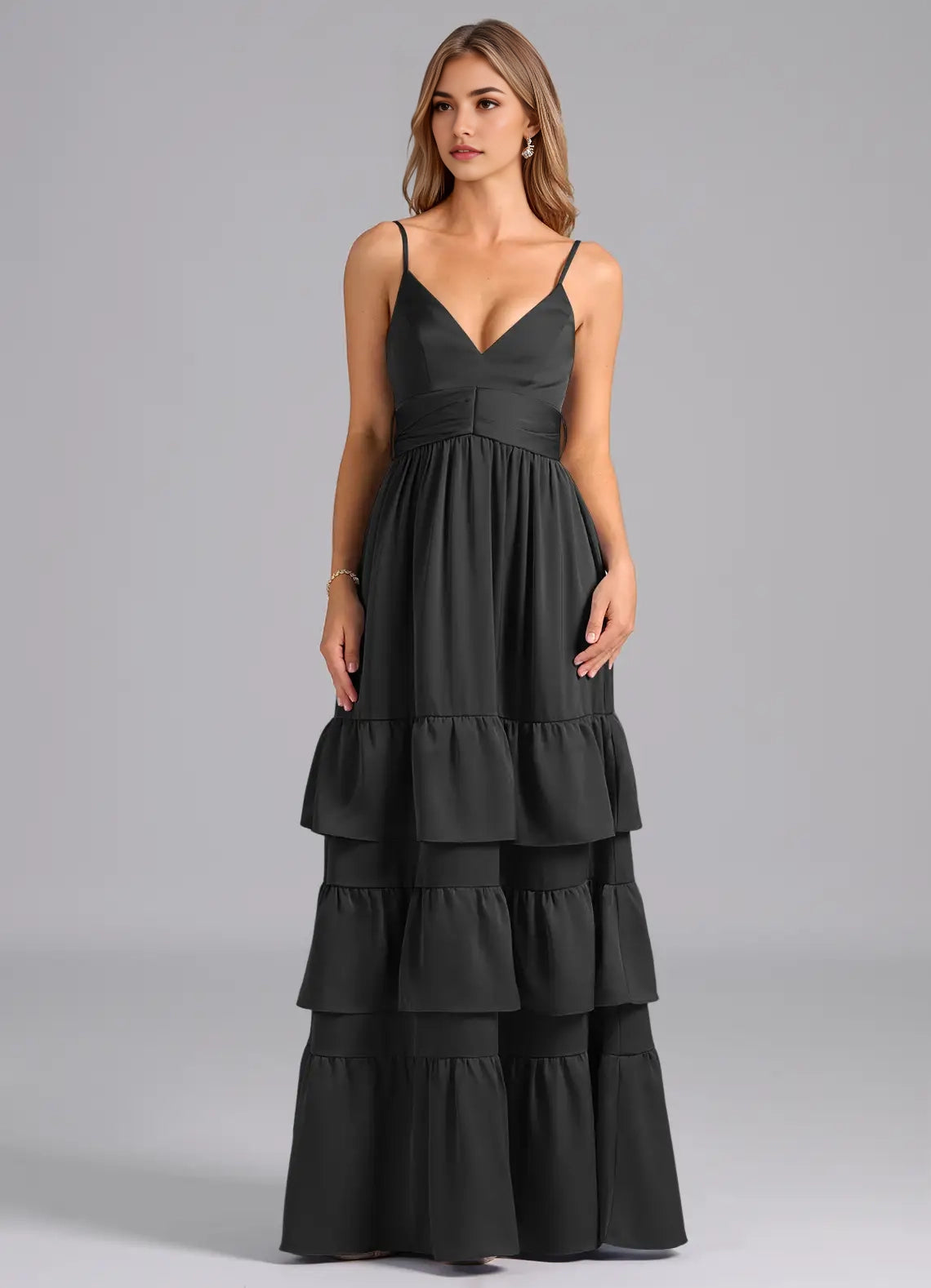 Black Spaghetti Strap Tiered Maxi Dress with Back Bow Black A-Line Pleated Stretch Satin Dress Bridesmaid Dresses