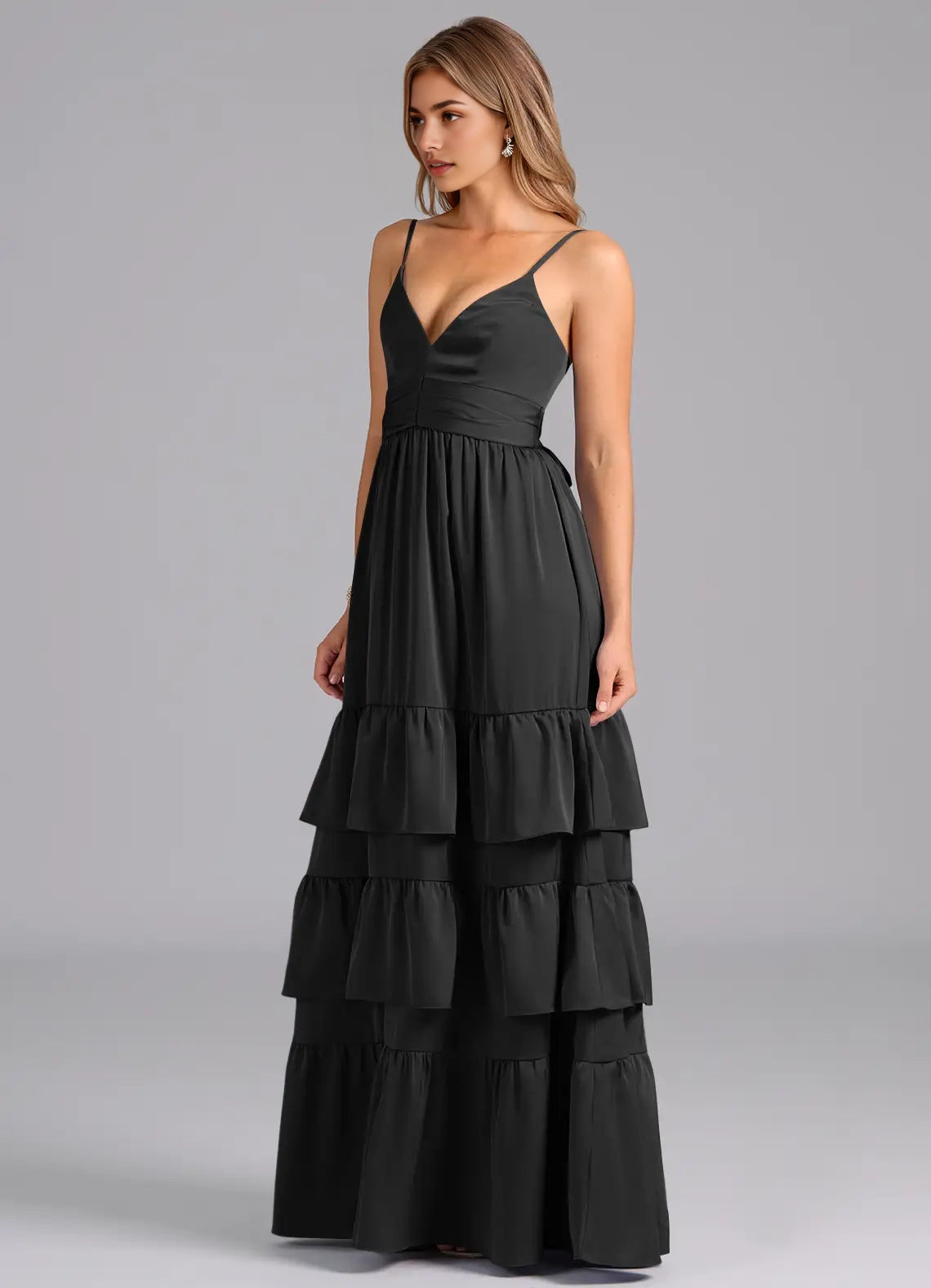 Black Spaghetti Strap Tiered Maxi Dress with Back Bow Black A-Line Pleated Stretch Satin Dress Bridesmaid Dresses