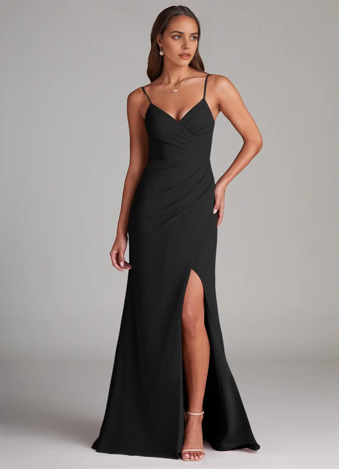 Black Spaghetti Strap V-Neck Maxi Dress with Side Slit Sheath Pleated Chiffon Dress Bridesmaid Dresses