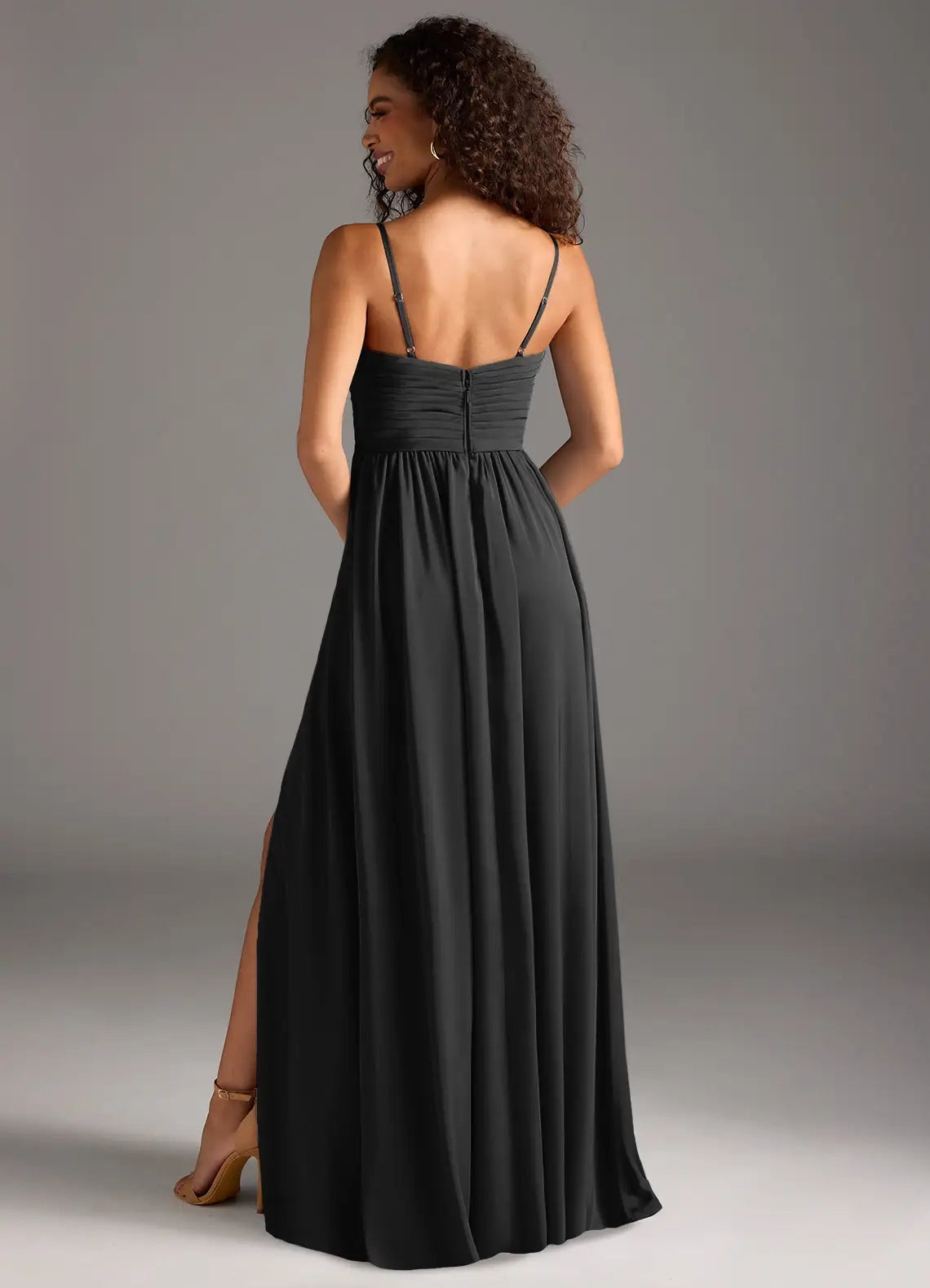 Black Spaghetti Strap V-Neck Maxi Dress with Side Slit A-Line Pleated Stretch Satin Dress Bridesmaid Dresses