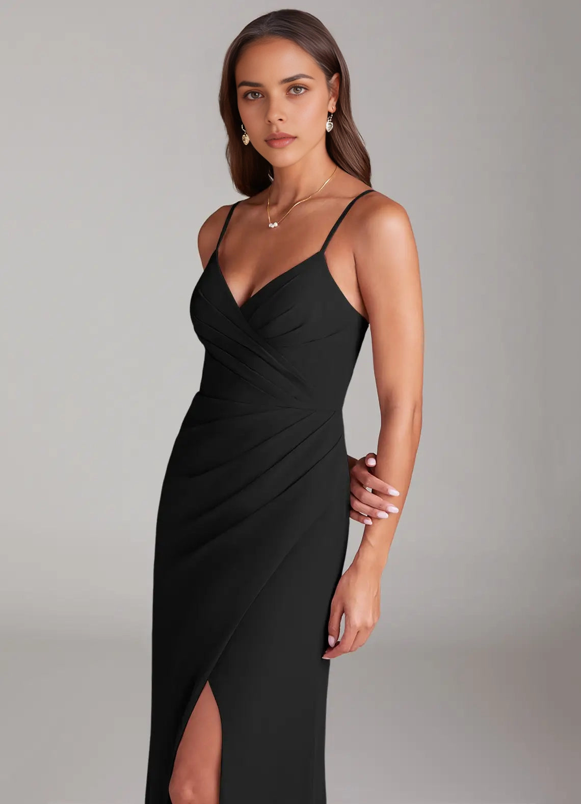 Black Spaghetti Strap V-Neck Maxi Dress with Side Slit Sheath Pleated Chiffon Dress Bridesmaid Dresses