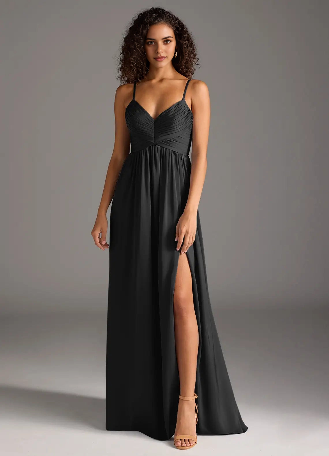 Black Spaghetti Strap V-Neck Maxi Dress with Side Slit A-Line Pleated Stretch Satin Dress Bridesmaid Dresses