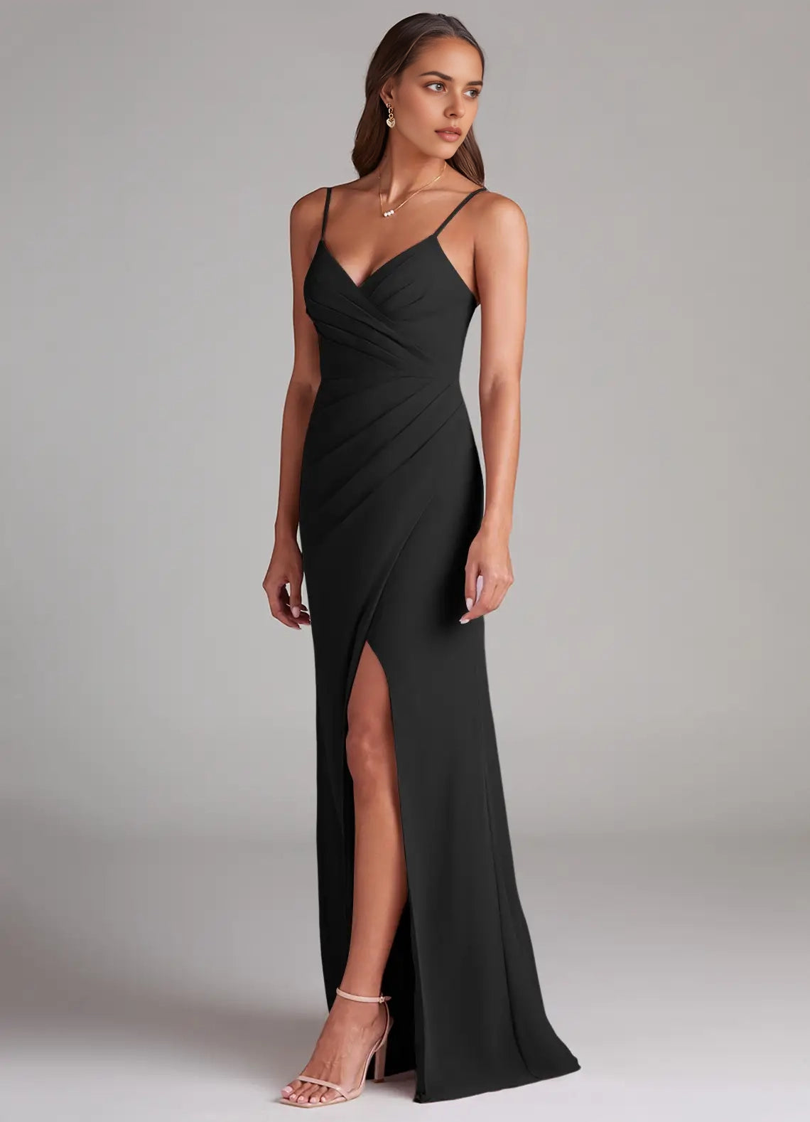 Black Spaghetti Strap V-Neck Maxi Dress with Side Slit Sheath Pleated Chiffon Dress Bridesmaid Dresses
