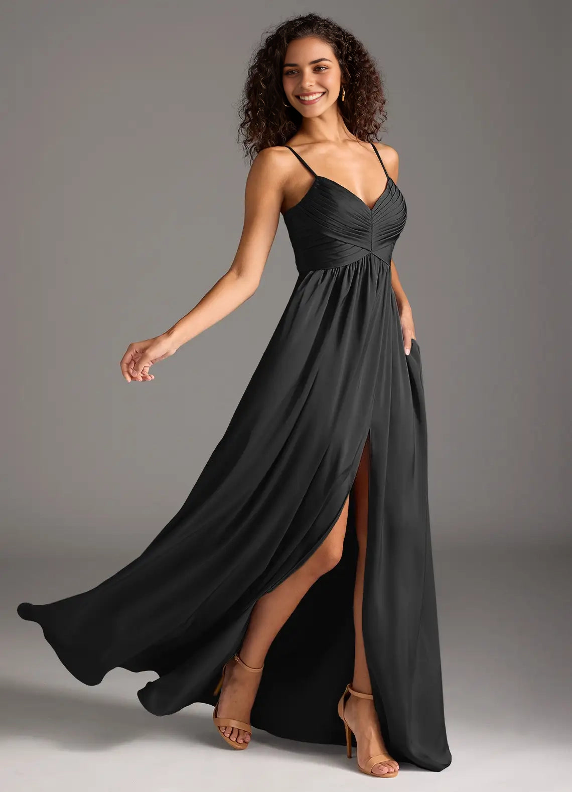Black Spaghetti Strap V-Neck Maxi Dress with Side Slit A-Line Pleated Stretch Satin Dress Bridesmaid Dresses
