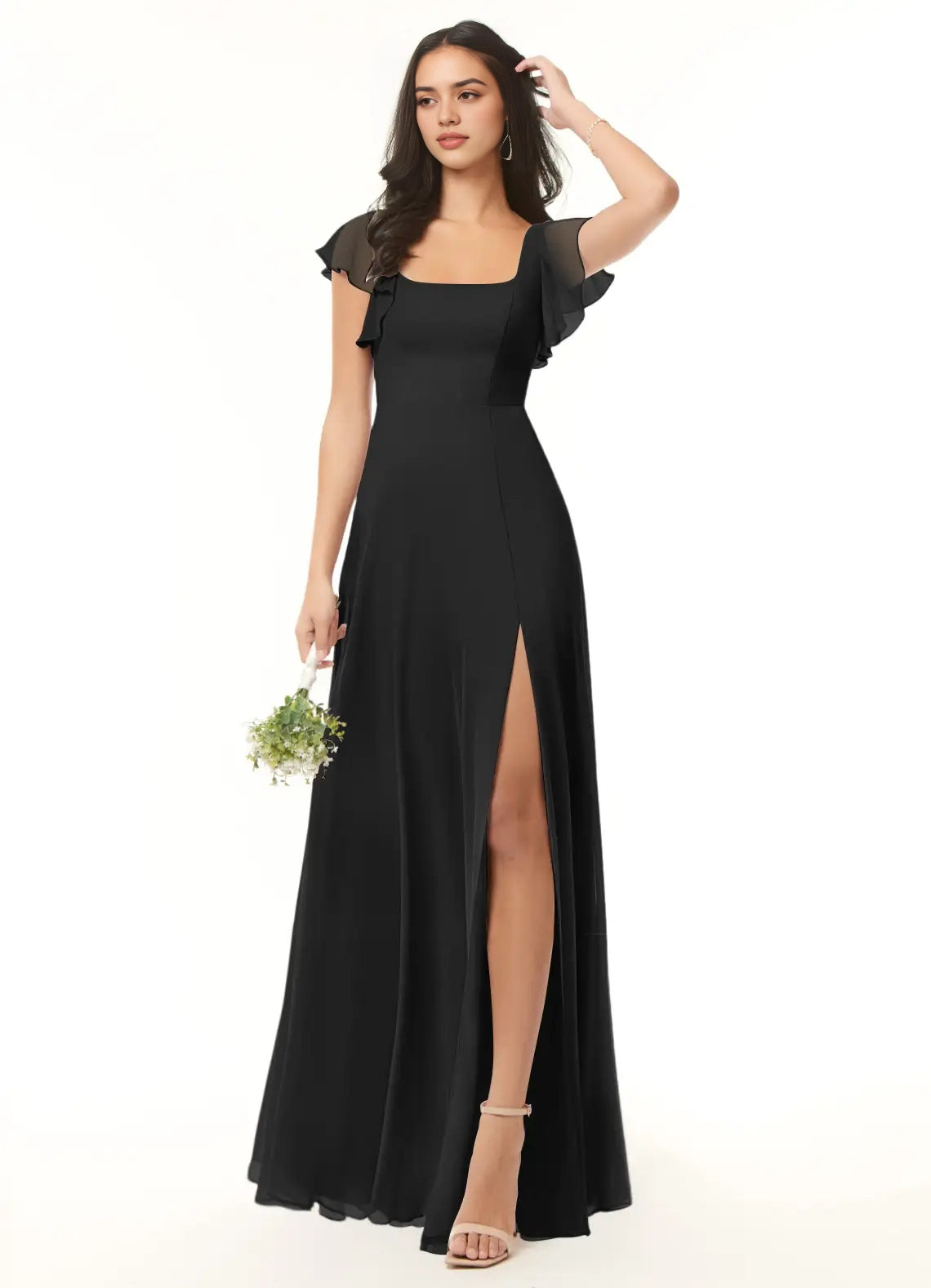 Black Square Neck Chiffon Flutter Sleeve Maxi Dress with Side Slit Black A-Line Ruffled Chiffon Dress Bridesmaid Dresses