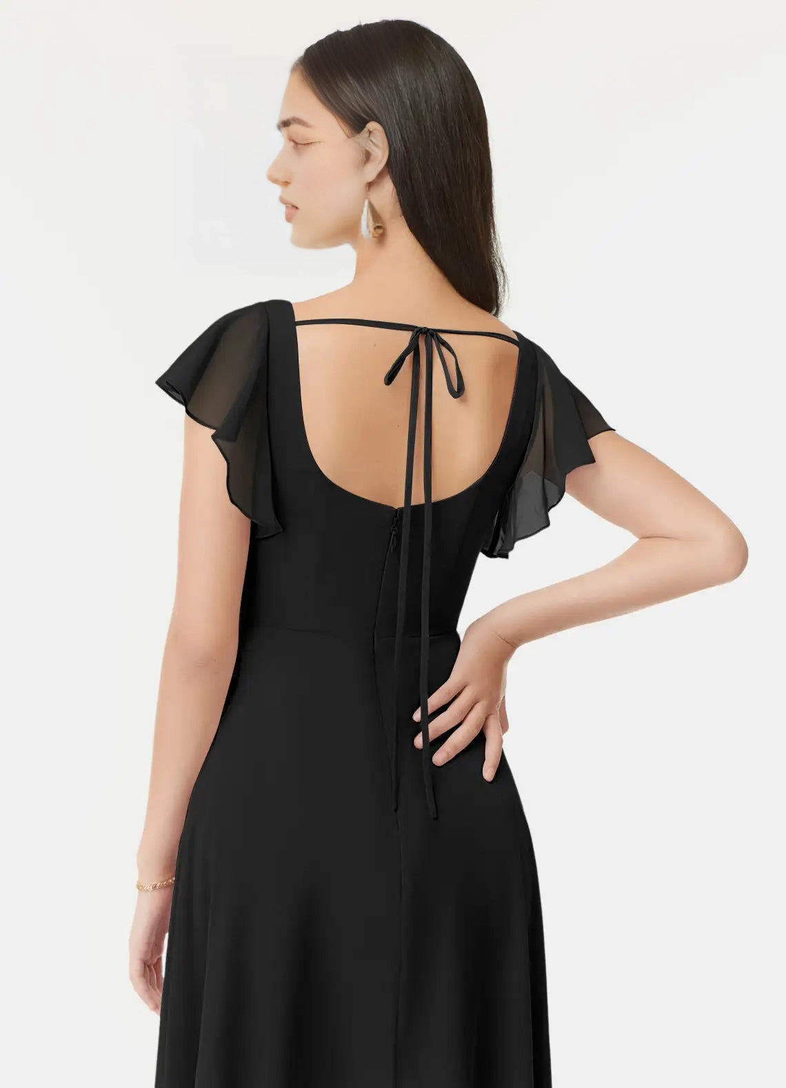 Black Square Neck Chiffon Flutter Sleeve Maxi Dress with Side Slit Black A-Line Ruffled Chiffon Dress Bridesmaid Dresses