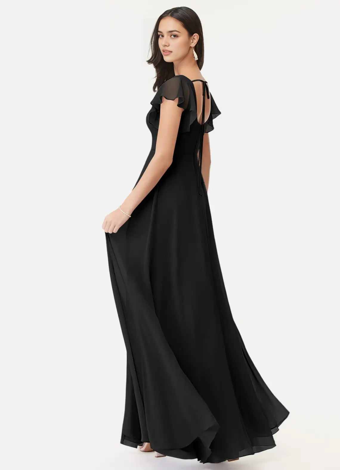 Black Square Neck Chiffon Flutter Sleeve Maxi Dress with Side Slit Black A-Line Ruffled Chiffon Dress Bridesmaid Dresses
