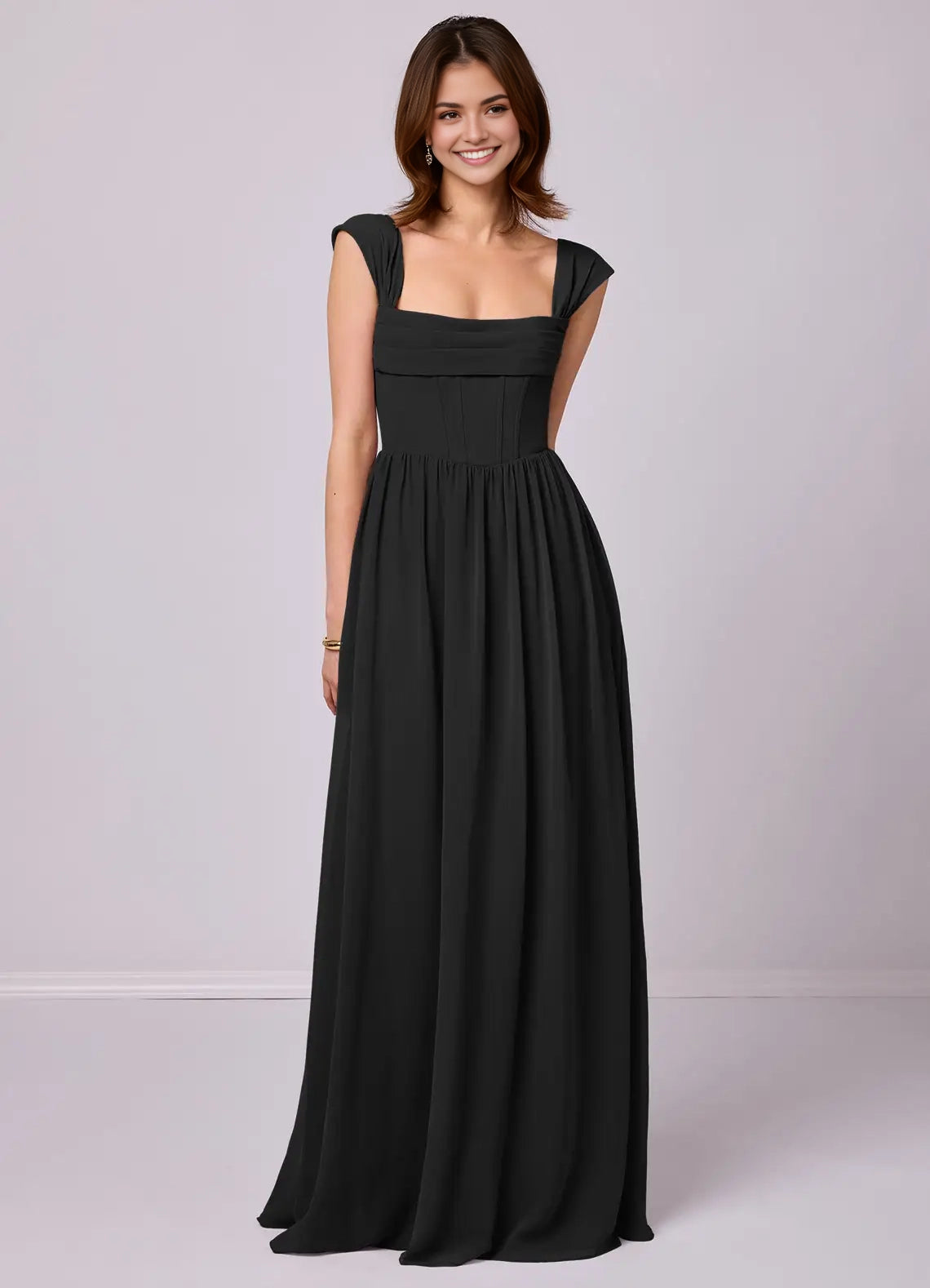 Black Satin Square Neck Maxi Dress with Ruffled Side Slit and Corset Back Black A-Line Sweetheart Neckline Stretch Satin Dress Bridesmaid Dresses