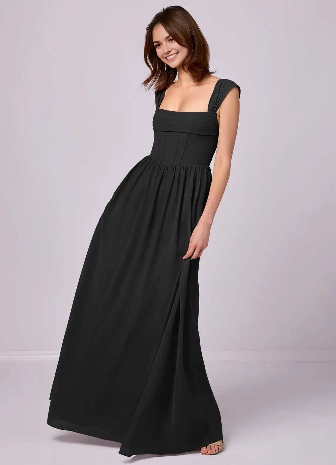 Black Satin Square Neck Maxi Dress with Ruffled Side Slit and Corset Back Black A-Line Sweetheart Neckline Stretch Satin Dress Bridesmaid Dresses