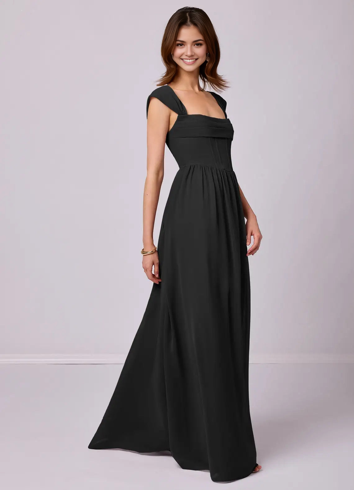 Black Square Neck Maxi Dress with Corset Back and Pockets Black A-Line Corset Chiffon Dress black Bridesmaid Dresses