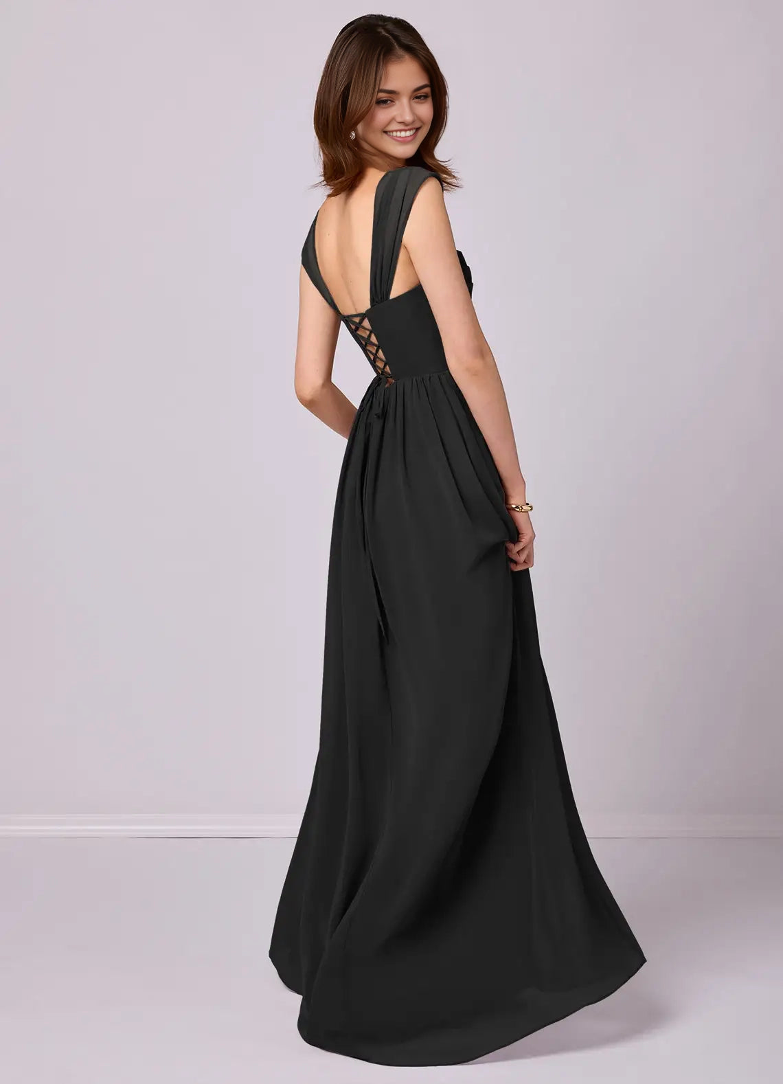 Black Square Neck Maxi Dress with Corset Back and Pockets Black A-Line Corset Chiffon Dress black Bridesmaid Dresses