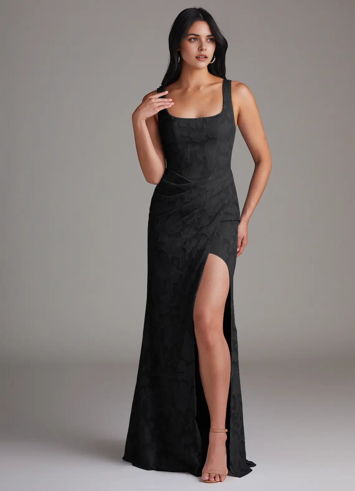 Black Square Neck Maxi Dress with Cross-Back and Side Slit Sheath Pleated Floral Burnout Dress Bridesmaid Dresses