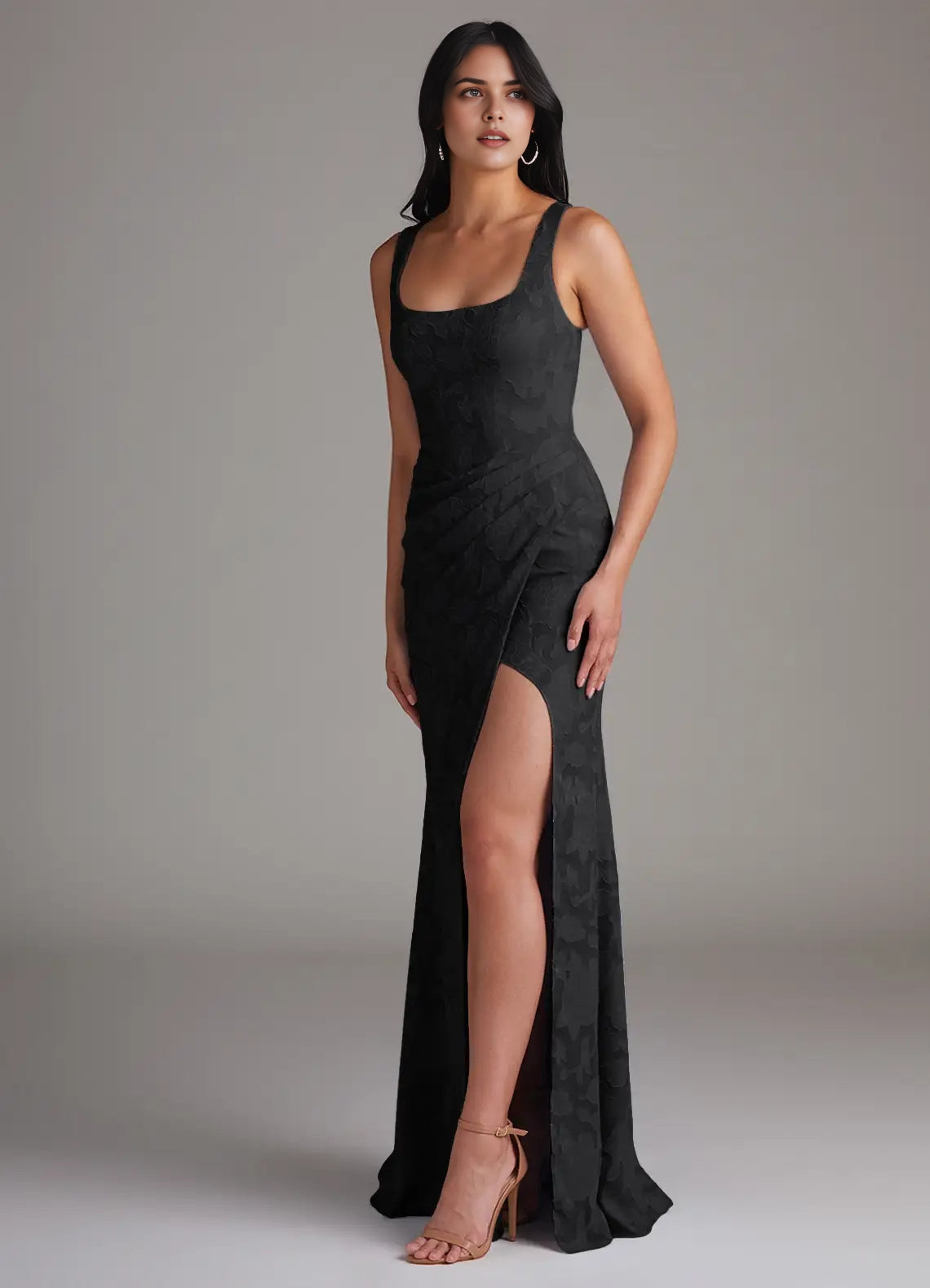 Black Square Neck Maxi Dress with Cross-Back and Side Slit Sheath Pleated Floral Burnout Dress Bridesmaid Dresses