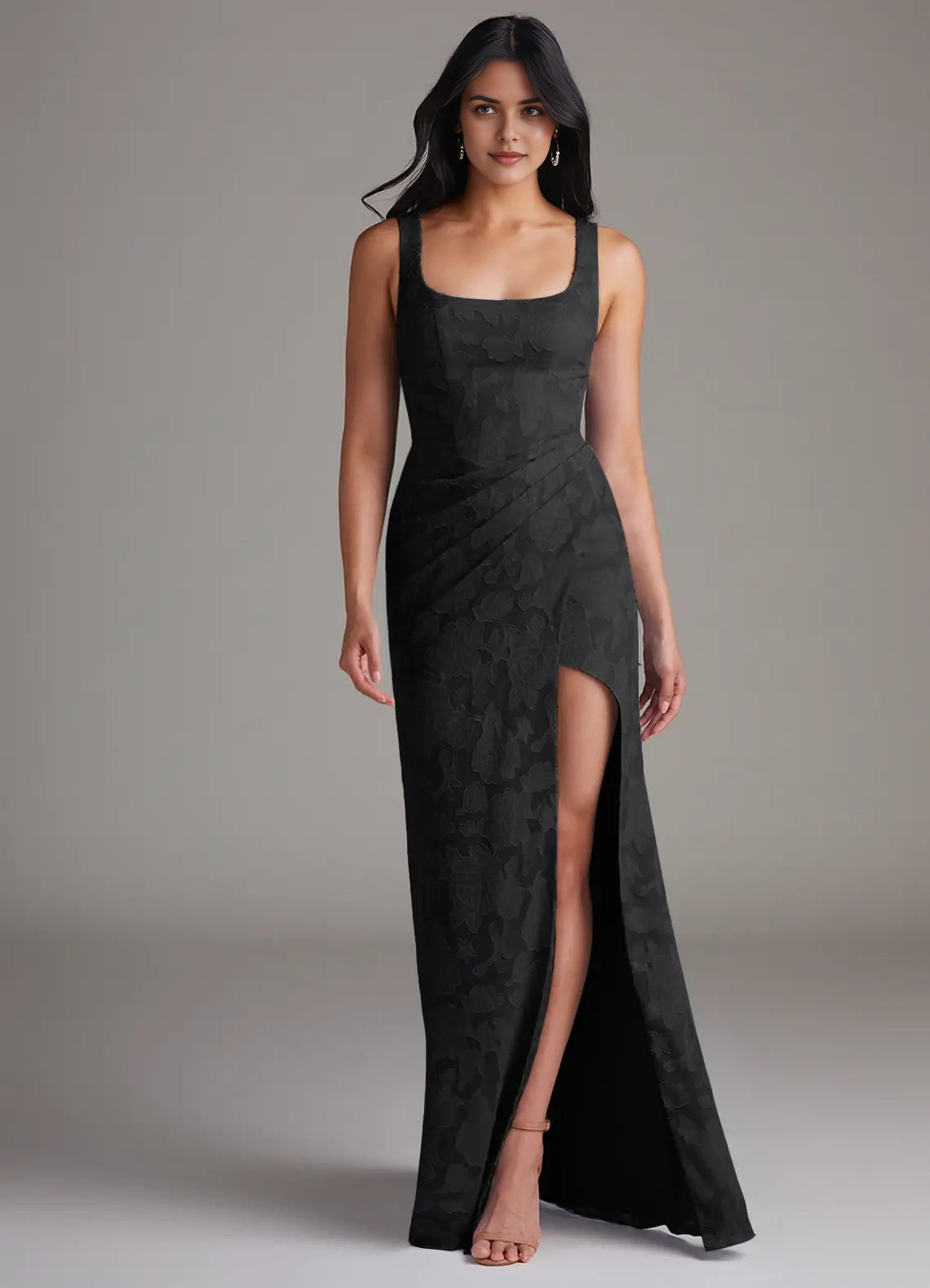 Black Square Neck Maxi Dress with Cross-Back and Side Slit Sheath Pleated Floral Burnout Dress Bridesmaid Dresses