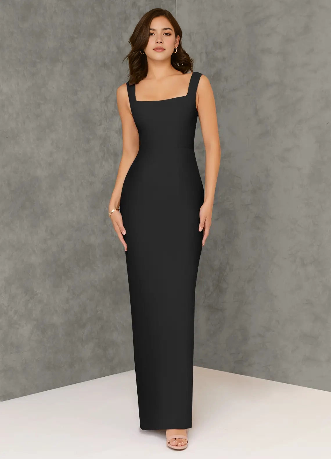 Black Square Neck Maxi Dress with Cutout Back Sheath Square Neckline Chiffon Dress Bridesmaid Dresses