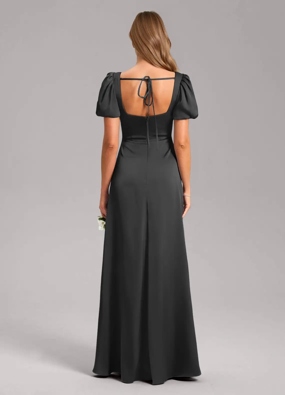 Black Square Neck Maxi Dress with Puff Sleeves and Side Slit  A-Line Pleated Stretch Satin Dress Bridesmaid Dresses