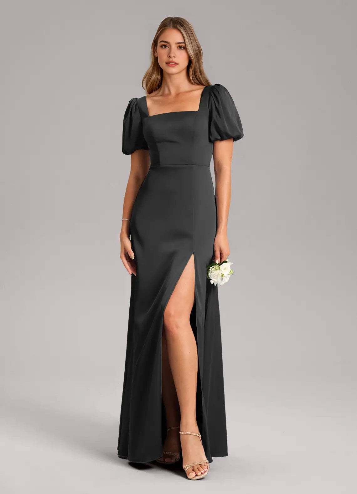 Black Square Neck Maxi Dress with Puff Sleeves and Side Slit  A-Line Pleated Stretch Satin Dress Bridesmaid Dresses