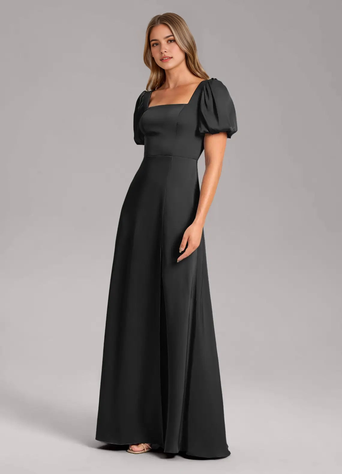 Black Square Neck Maxi Dress with Puff Sleeves and Side Slit  A-Line Pleated Stretch Satin Dress Bridesmaid Dresses