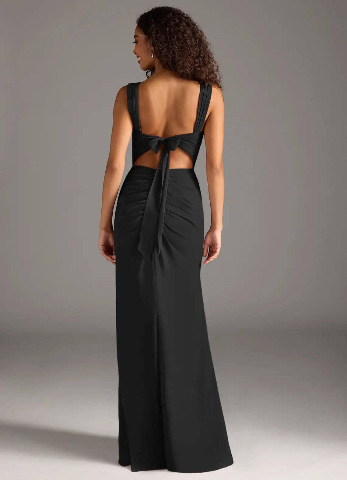 Black Square Neck Maxi Dress with Side Slit and Open Back Bow Black Sheath Bow Chiffon Dress Bridesmaid Dresses