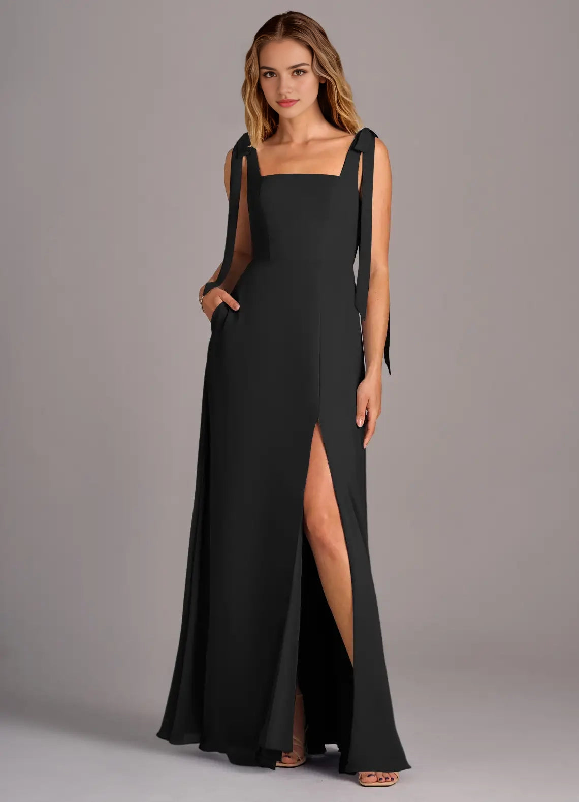 Square Neck Maxi Dress with Tie Straps and Side Slit Black A-Line with Pockets Chiffon Convertible Dress Bridesmaid Dresses