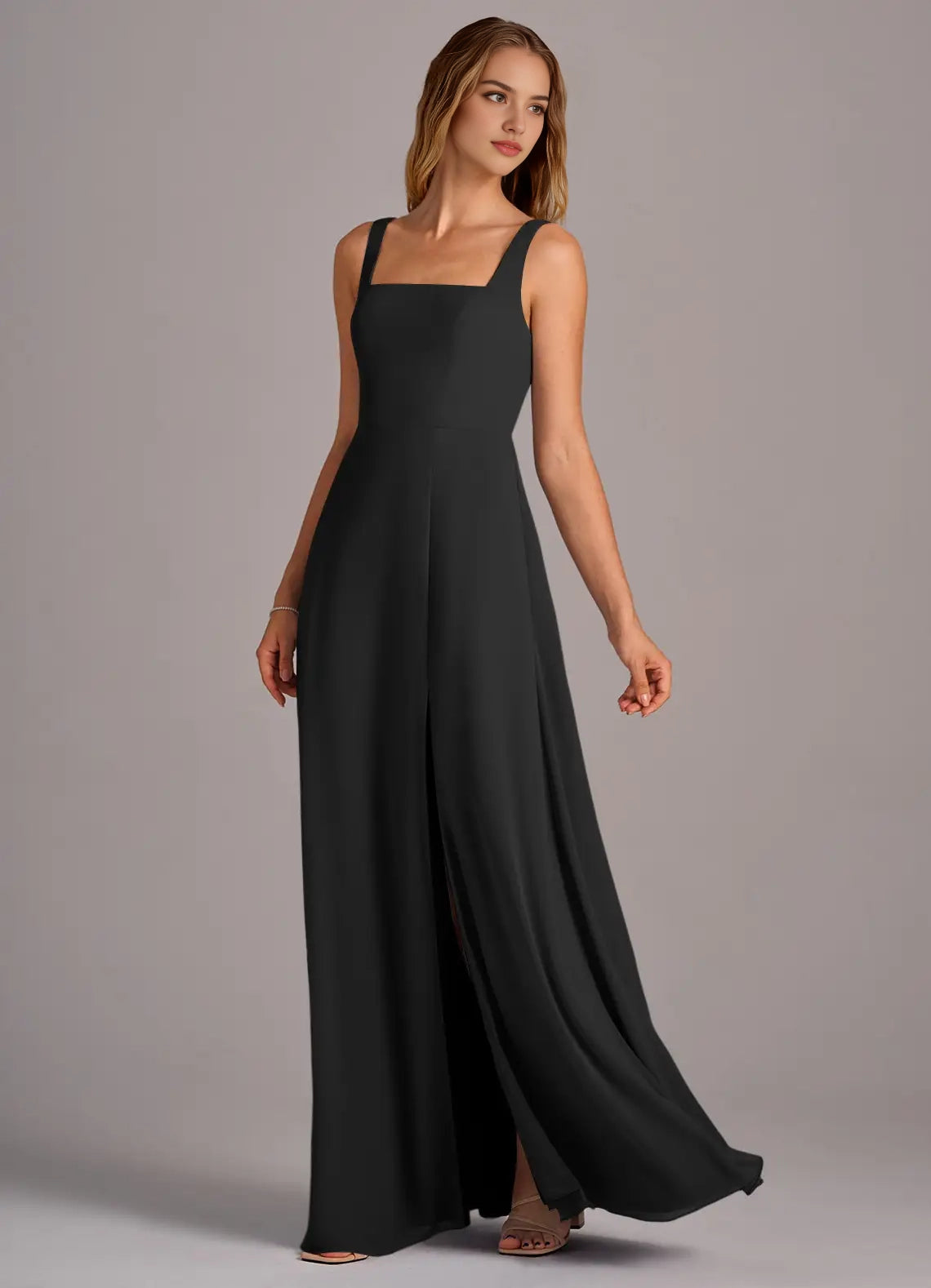Square Neck Maxi Dress with Tie Straps and Side Slit Black A-Line with Pockets Chiffon Convertible Dress Bridesmaid Dresses