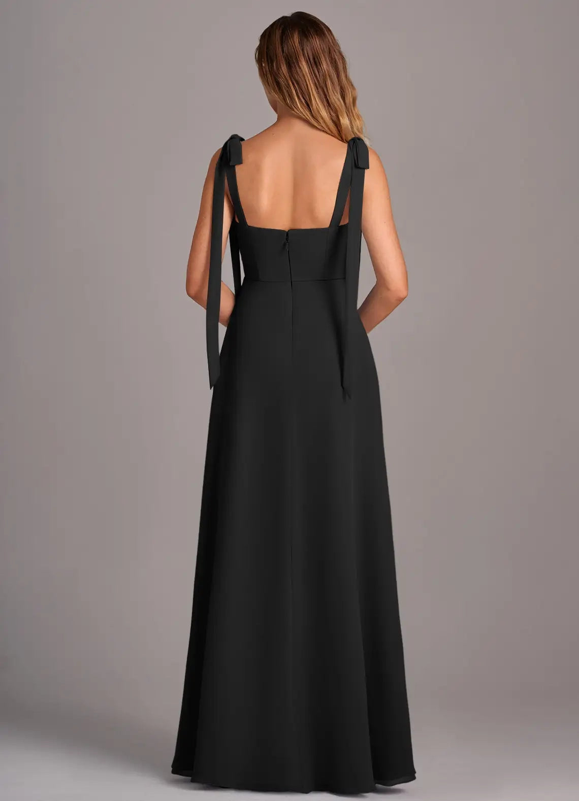 Square Neck Maxi Dress with Tie Straps and Side Slit Black A-Line with Pockets Chiffon Convertible Dress Bridesmaid Dresses