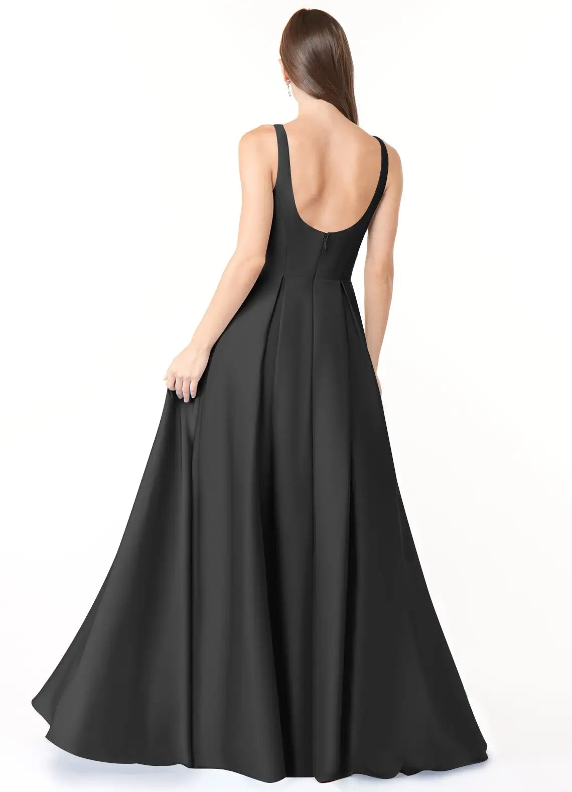 Black Square Neck Open Back Ball Gown with Pockets Ball-Gown with Pockets Stretch Satin Bridesmaid Dresses