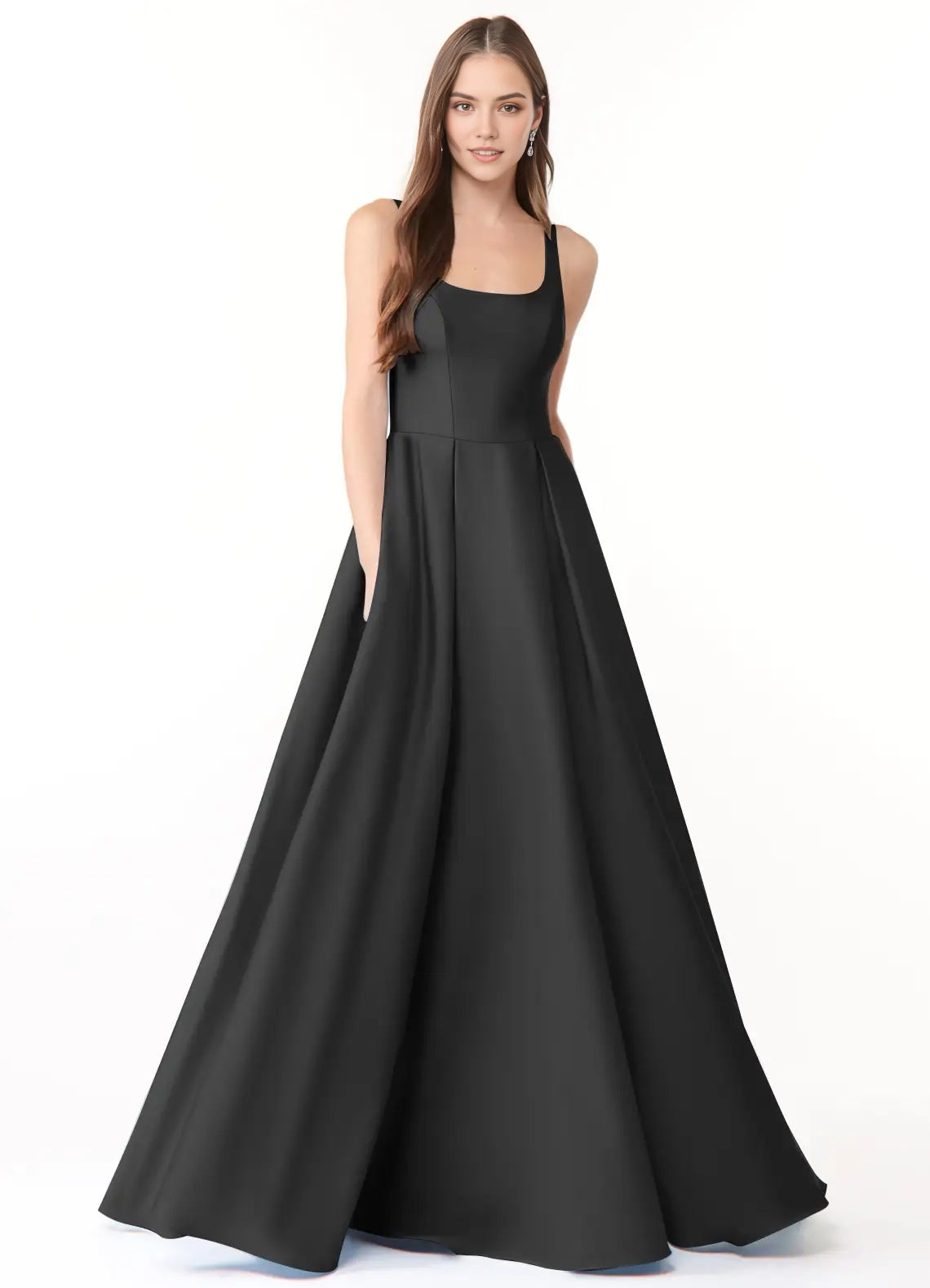 Black Square Neck Open Back Ball Gown with Pockets Ball-Gown with Pockets Stretch Satin Bridesmaid Dresses