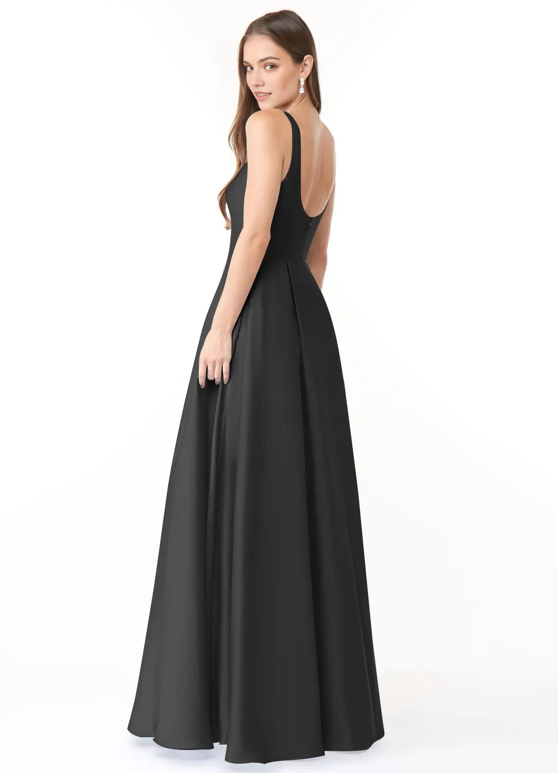 Black Square Neck Open Back Ball Gown with Pockets Ball-Gown with Pockets Stretch Satin Bridesmaid Dresses