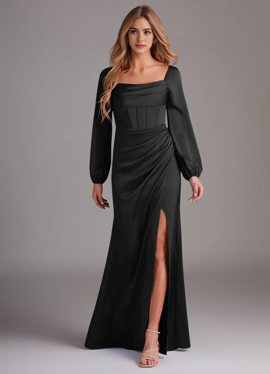 Black Square Neck Satin Maxi Dress with Long Sleeves and Side Slit Bridesmaid Dresses