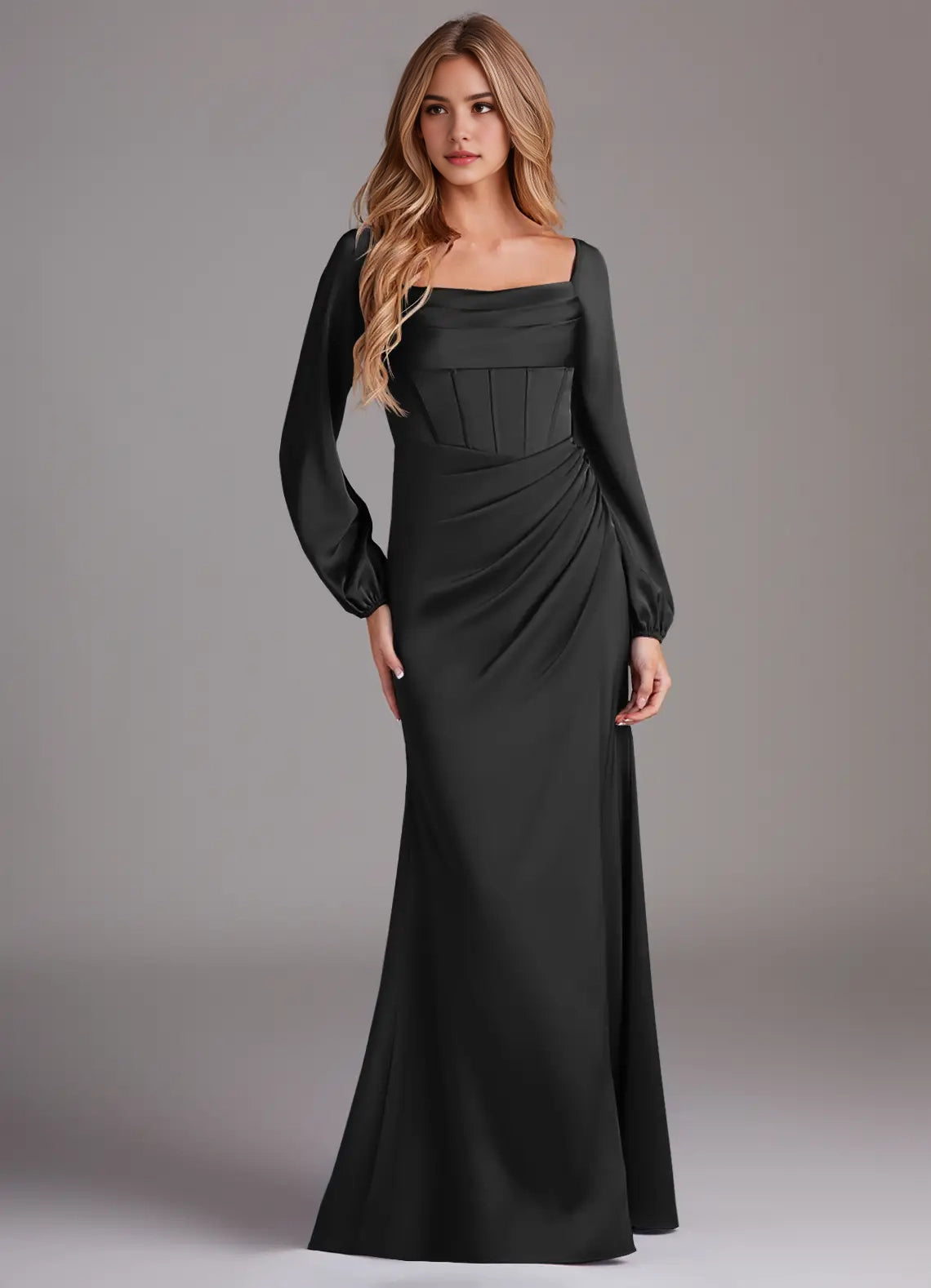 Black Square Neck Satin Maxi Dress with Long Sleeves and Side Slit Bridesmaid Dresses