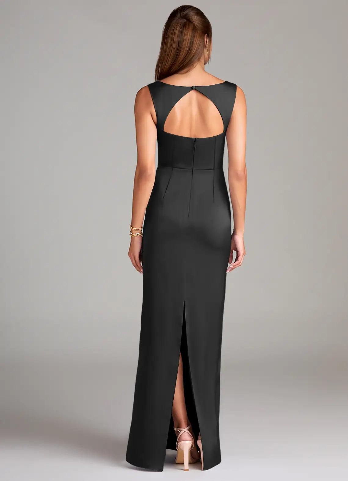 Black Square Neck Satin Maxi Dress with Open Back and Side Slit Sheath Side Slit Stretch Satin Dress Bridesmaid Dresses