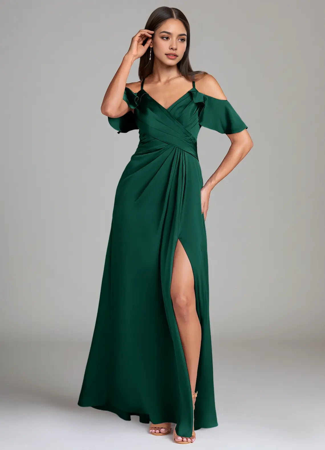 Emerald Green Cold-Shoulder Maxi Dress with Side Slit A-Line Off the Shoulder Stretch Satin Dress Bridesmaid Dresses