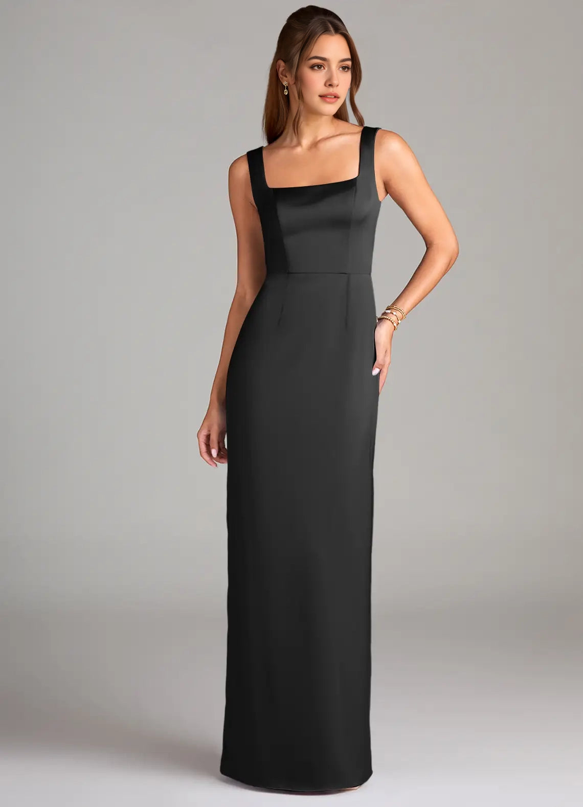 Black Square Neck Satin Maxi Dress with Open Back and Side Slit Sheath Side Slit Stretch Satin Dress Bridesmaid Dresses