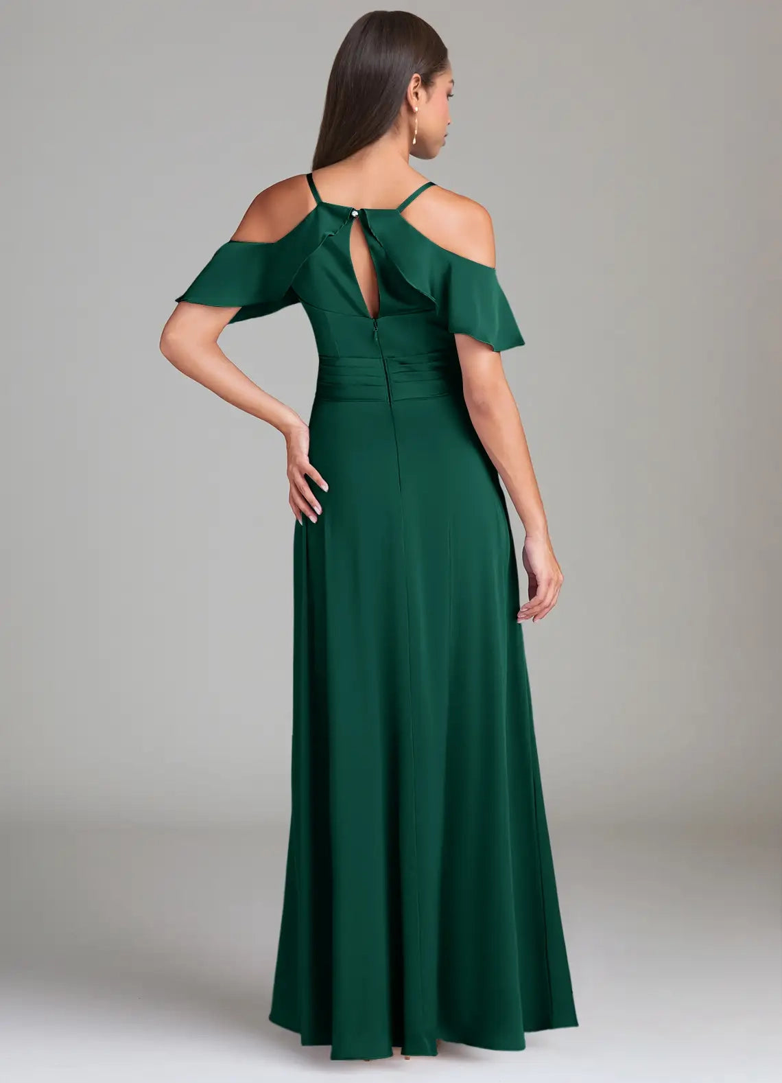 Emerald Green Cold-Shoulder Maxi Dress with Side Slit A-Line Off the Shoulder Stretch Satin Dress Bridesmaid Dresses
