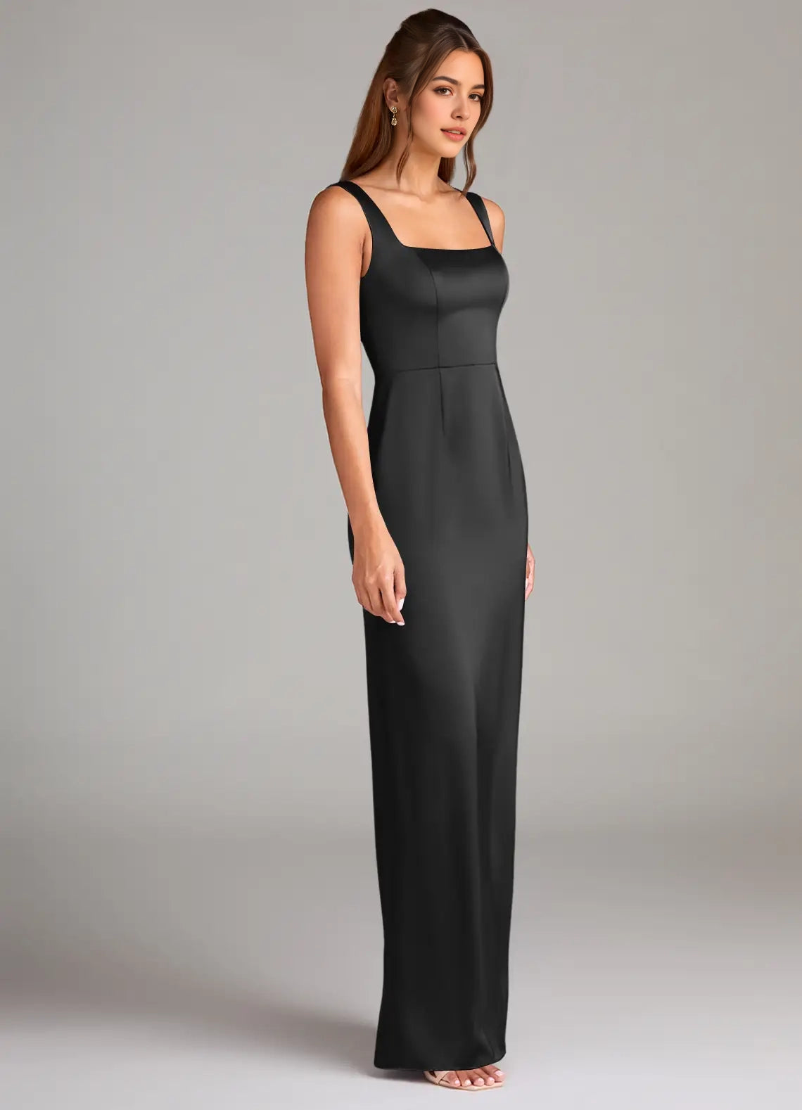 Black Square Neck Satin Maxi Dress with Open Back and Side Slit Sheath Side Slit Stretch Satin Dress Bridesmaid Dresses